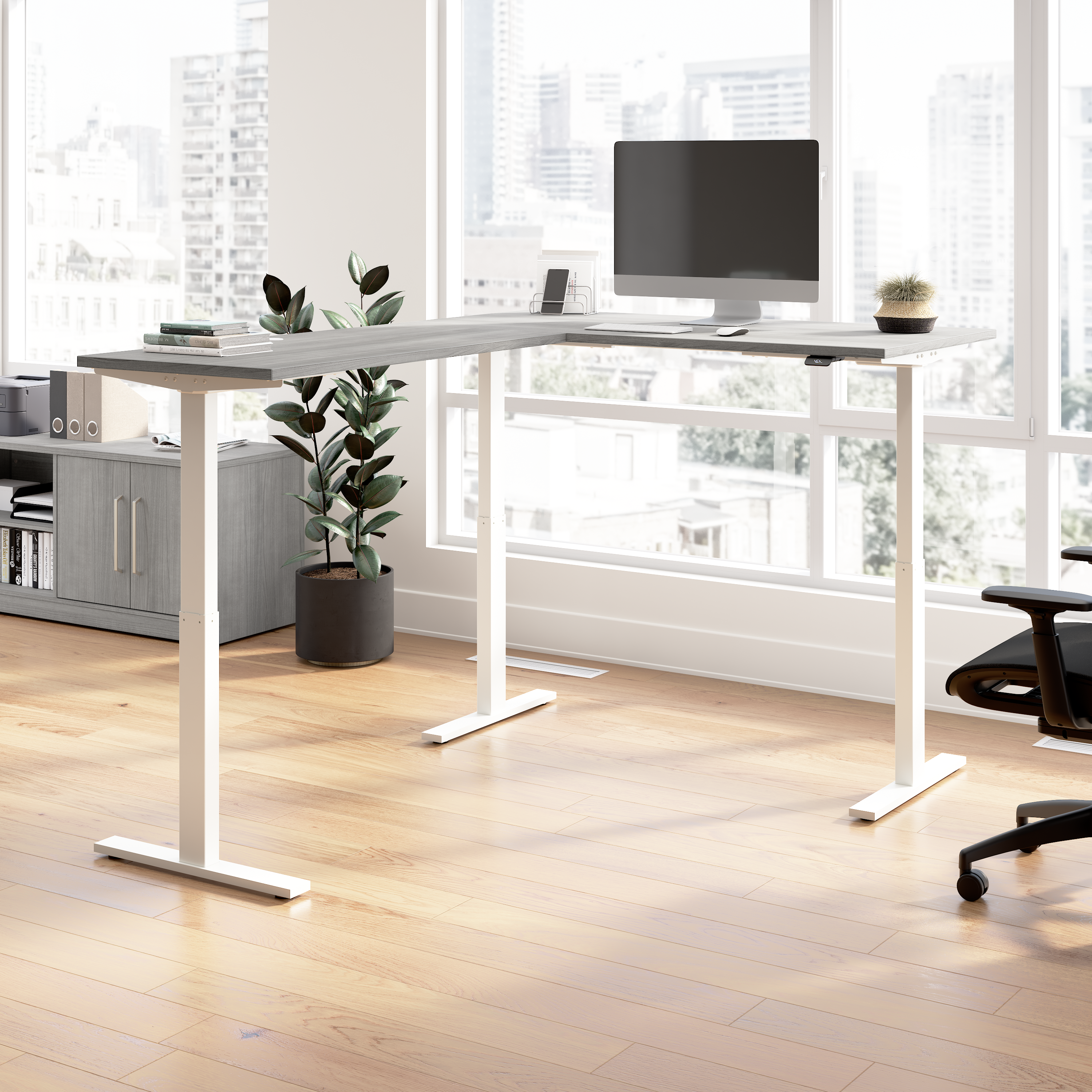 Shop Bush Business Furniture Move 60 Series 60W Height Adjustable L Shaped Standing Desk 01 M6SL6078PGWK #color_platinum gray/white powder coat