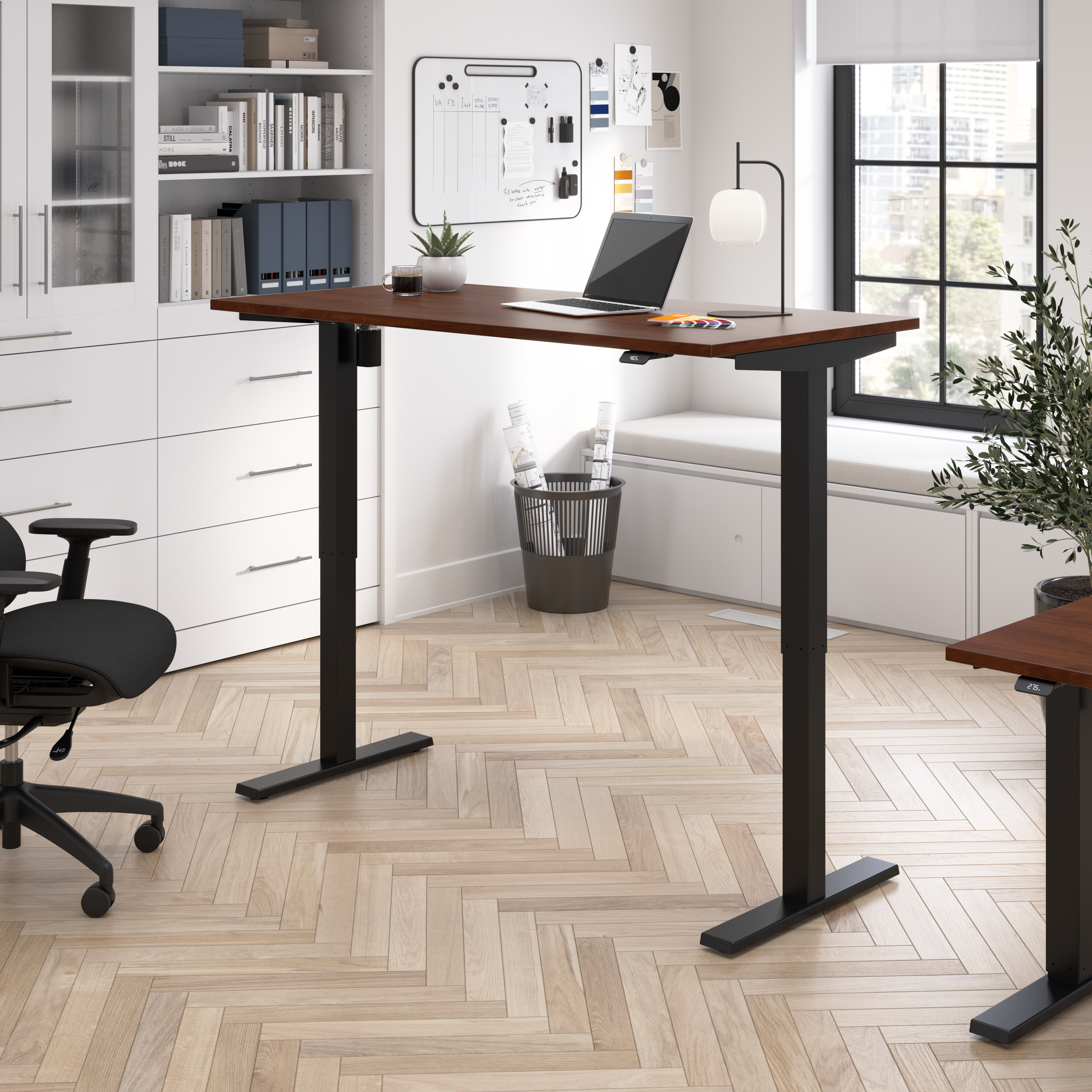 Shop Bush Business Furniture Move 40 Series 60W x 30D Electric Height Adjustable Standing Desk 01 M4S6030HCBK #color_hansen cherry/black powder coat