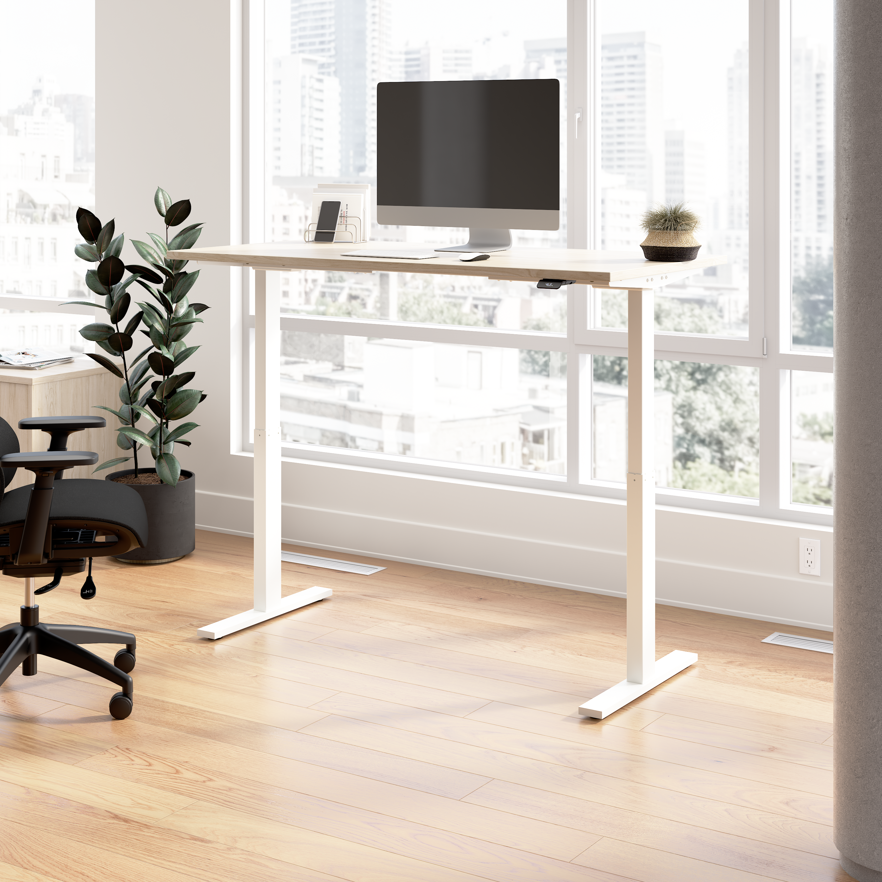 Shop Bush Business Furniture Move 60 Series 60W x 30D Electric Height Adjustable Standing Desk 01 M6S6030NEWK #color_natural elm/white powder coat