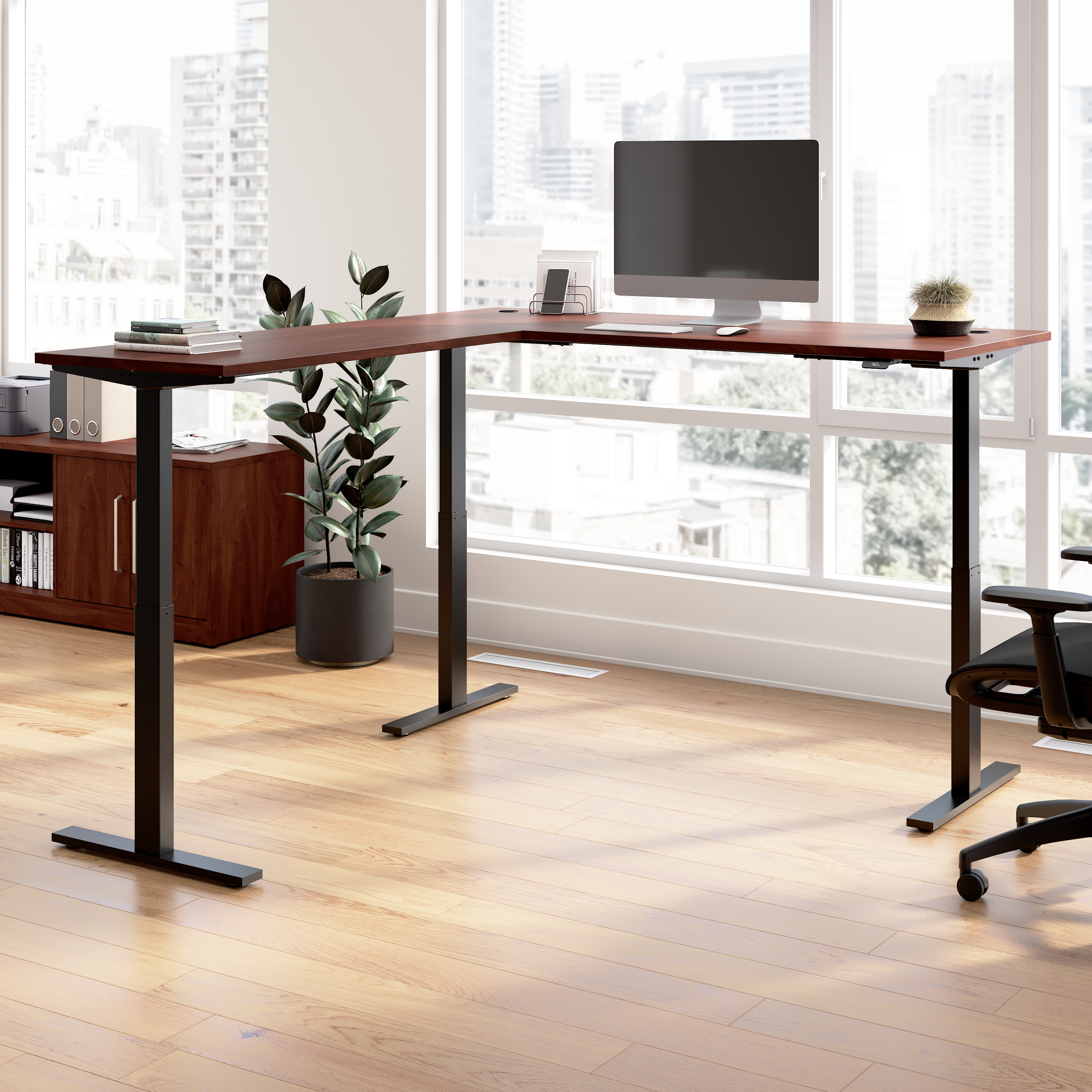 Shop Bush Business Furniture Move 60 Series 72W Height Adjustable L Shaped Standing Desk 01 M6SL7278HCBK #color_hansen cherry/black powder coat