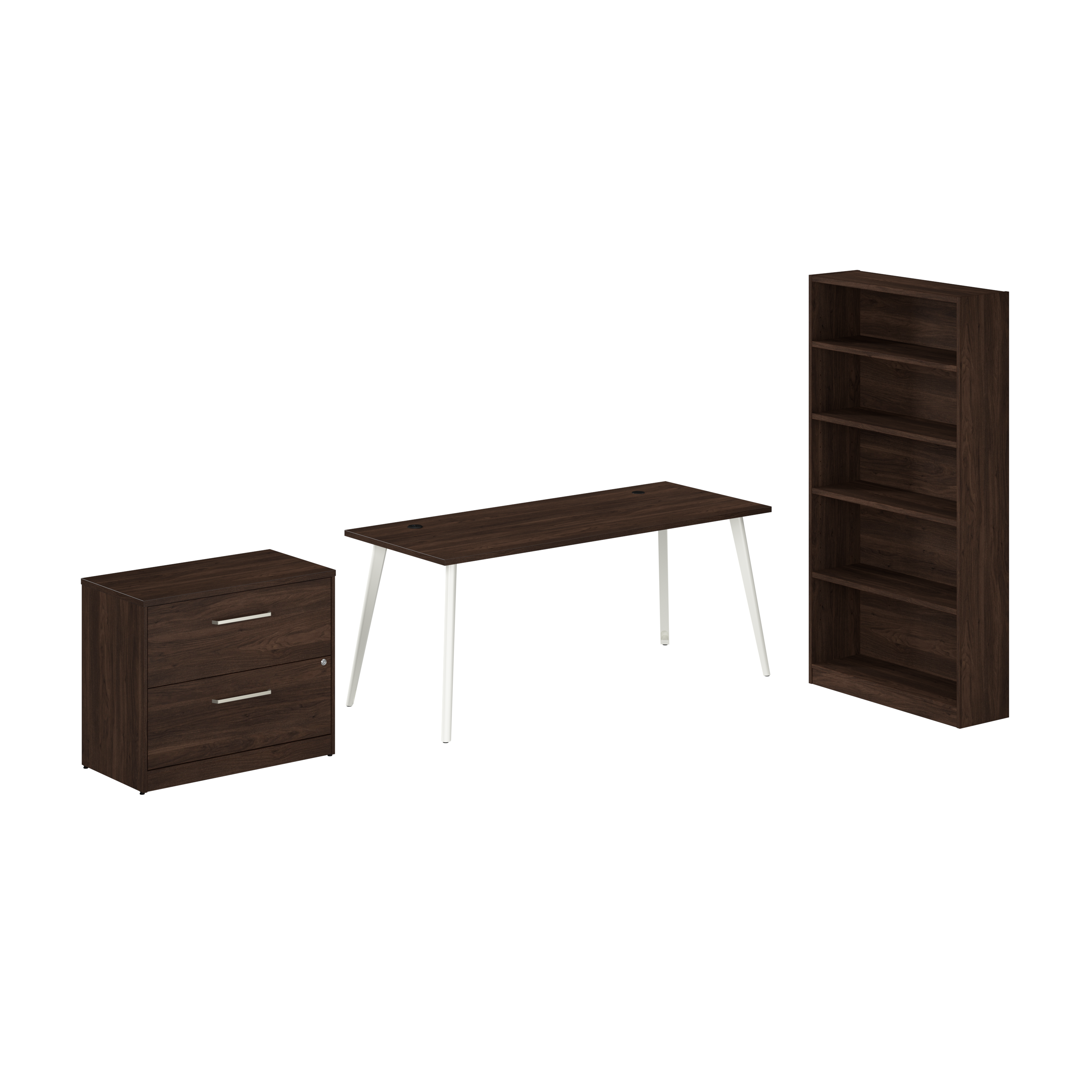 Shop Bush Business Furniture Vista 72W Desk with Splayed Metal Legs, Lateral File Cabinet, and Bookcase 02 VST011BWSU #color_black walnut