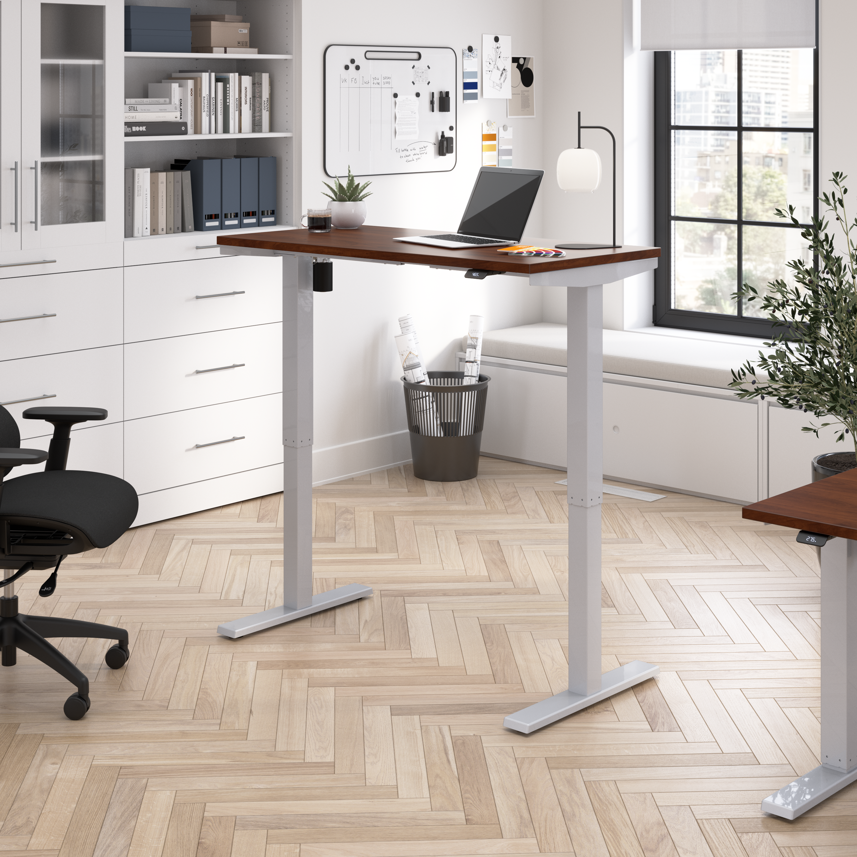 Shop Bush Business Furniture Move 40 Series 48W x 24D Electric Height Adjustable Standing Desk 01 M4S4824HCSK #color_hansen cherry/cool gray metallic