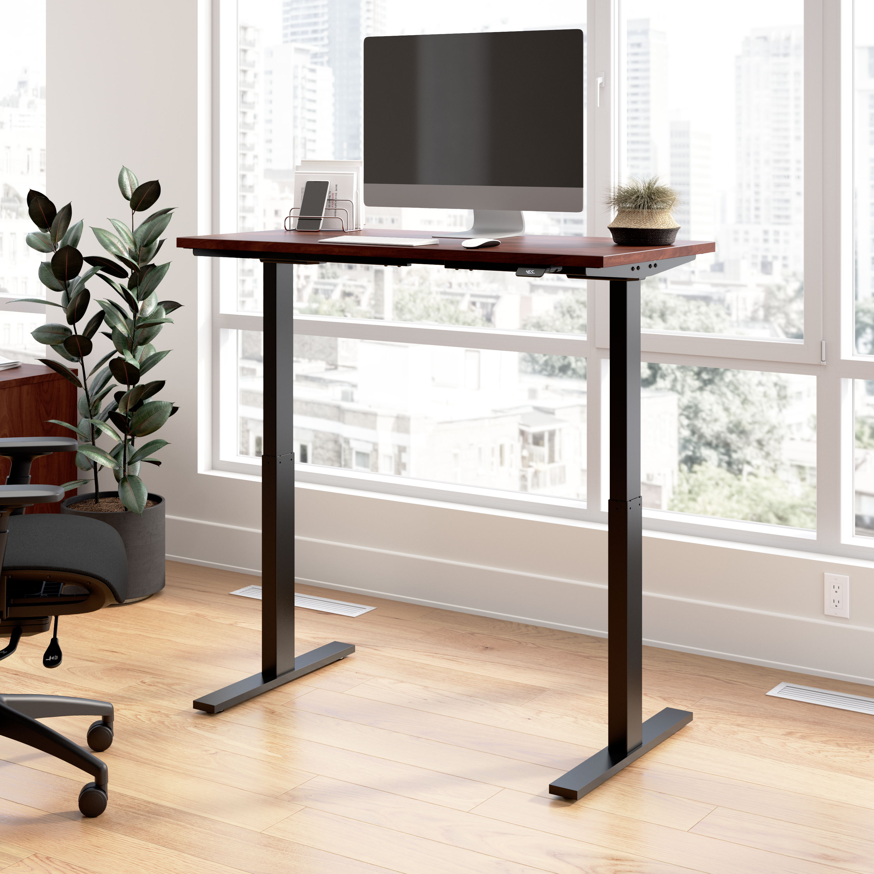 Shop Bush Business Furniture Move 60 Series 48W x 24D Electric Height Adjustable Standing Desk 01 M6S4824HCBK #color_hansen cherry/black powder coat