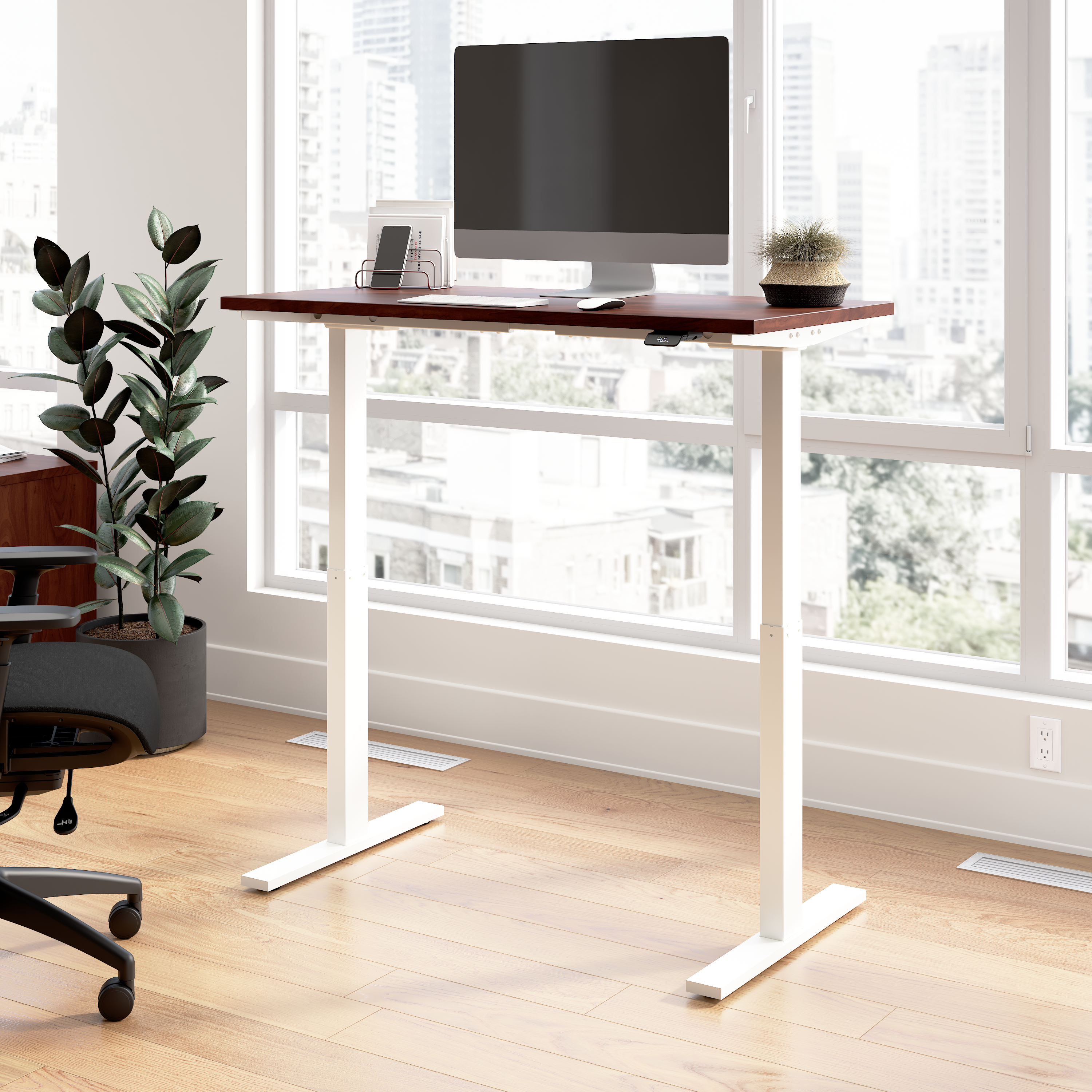 Shop Bush Business Furniture Move 60 Series 48W x 24D Electric Height Adjustable Standing Desk 01 M6S4824HCWK #color_hansen cherry/white powder coat