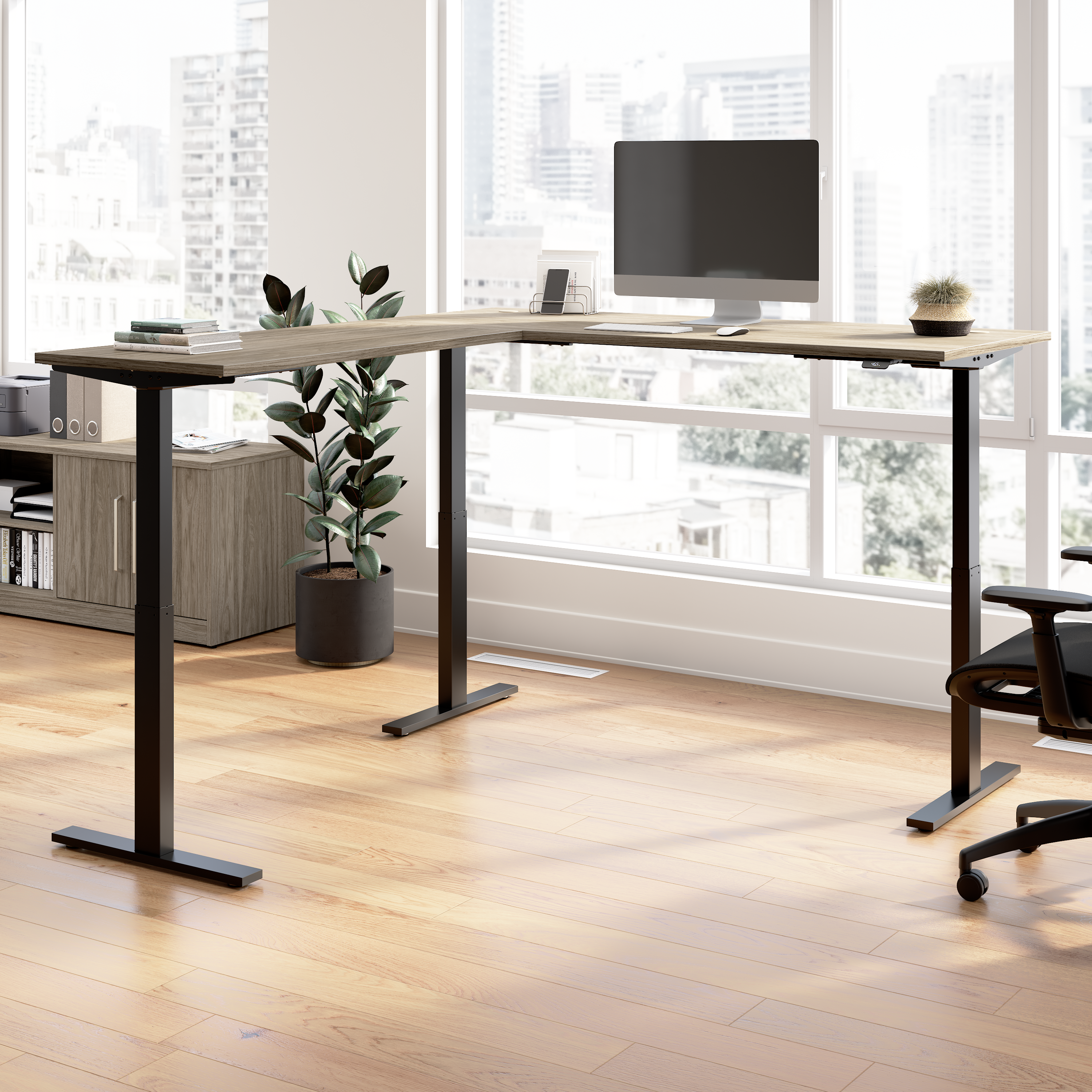 Shop Bush Business Furniture Move 60 Series 72W Height Adjustable L Shaped Standing Desk 01 M6SL7278MHBK #color_modern hickory/black powder coat