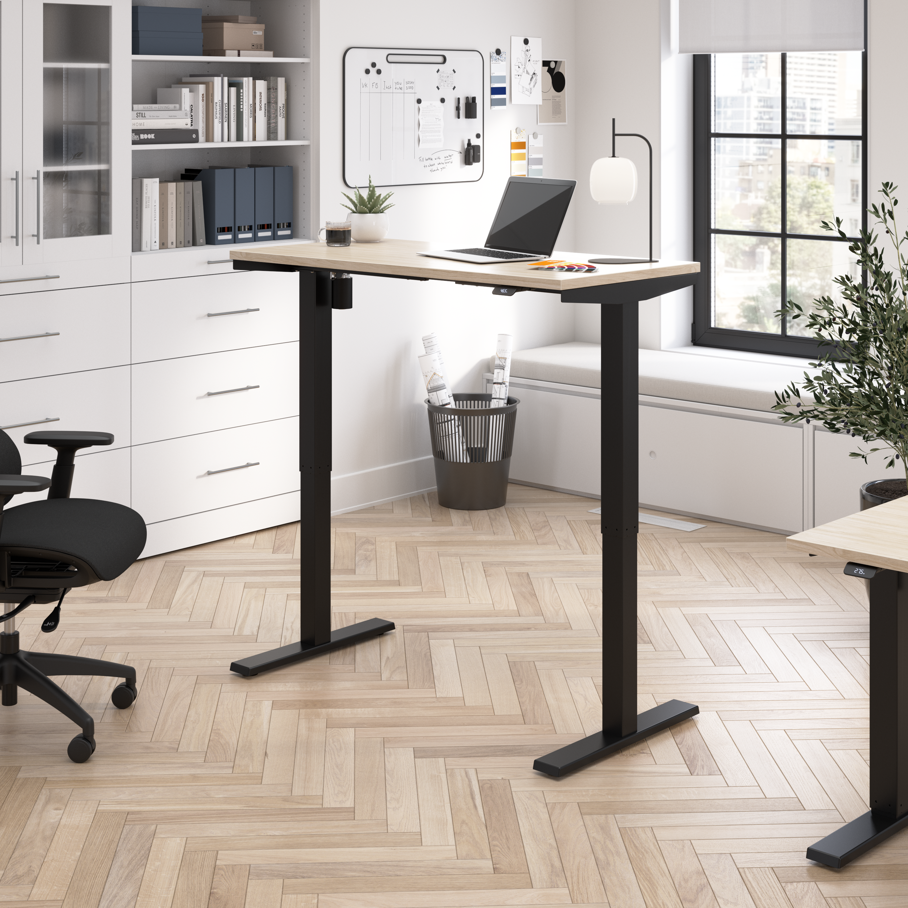 Shop Bush Business Furniture Move 40 Series 48W x 24D Electric Height Adjustable Standing Desk 01 M4S4824NEBK #color_natural elm/black powder coat