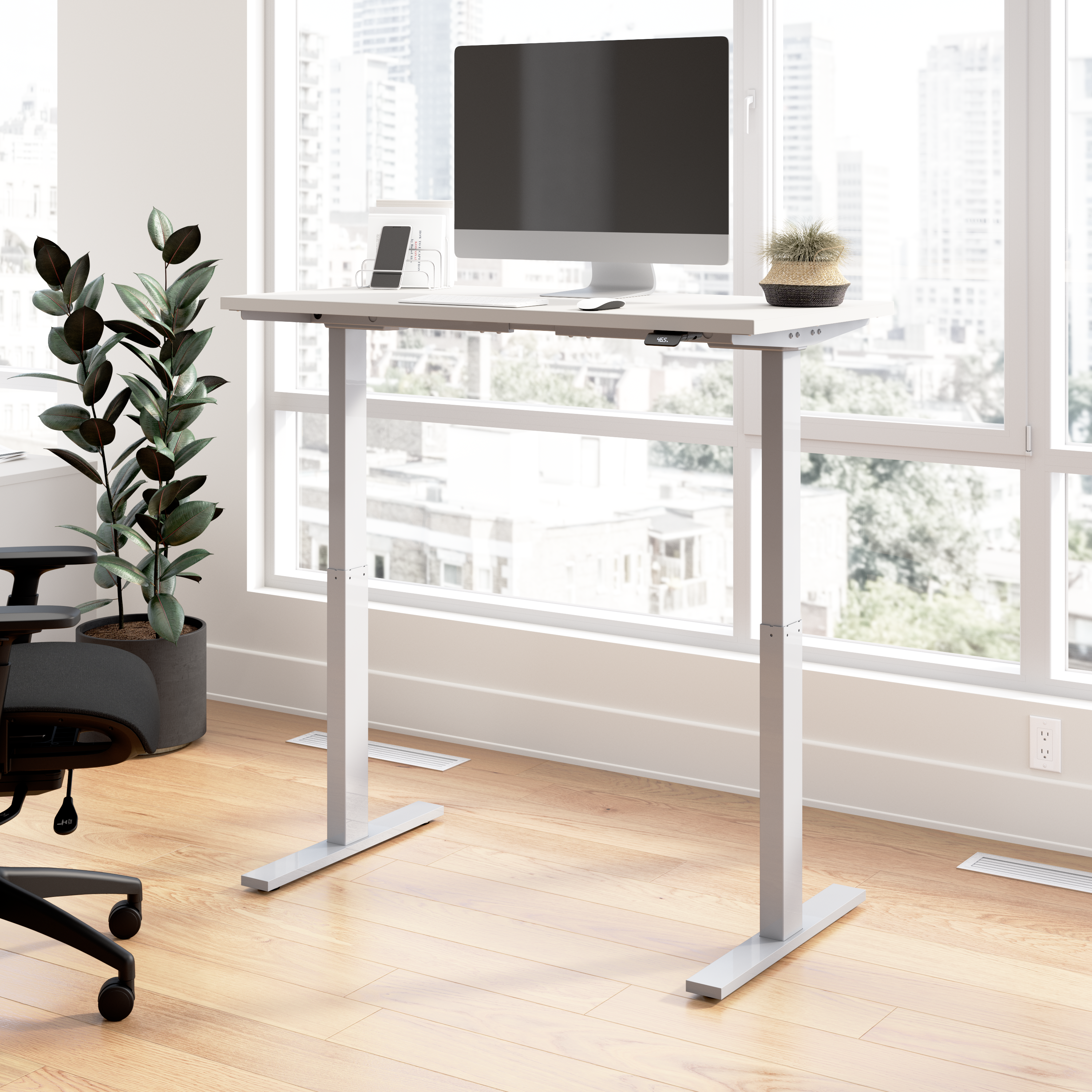 Shop Bush Business Furniture Move 60 Series 48W x 24D Electric Height Adjustable Standing Desk 01 M6S4824WHSK #color_white/cool gray metallic