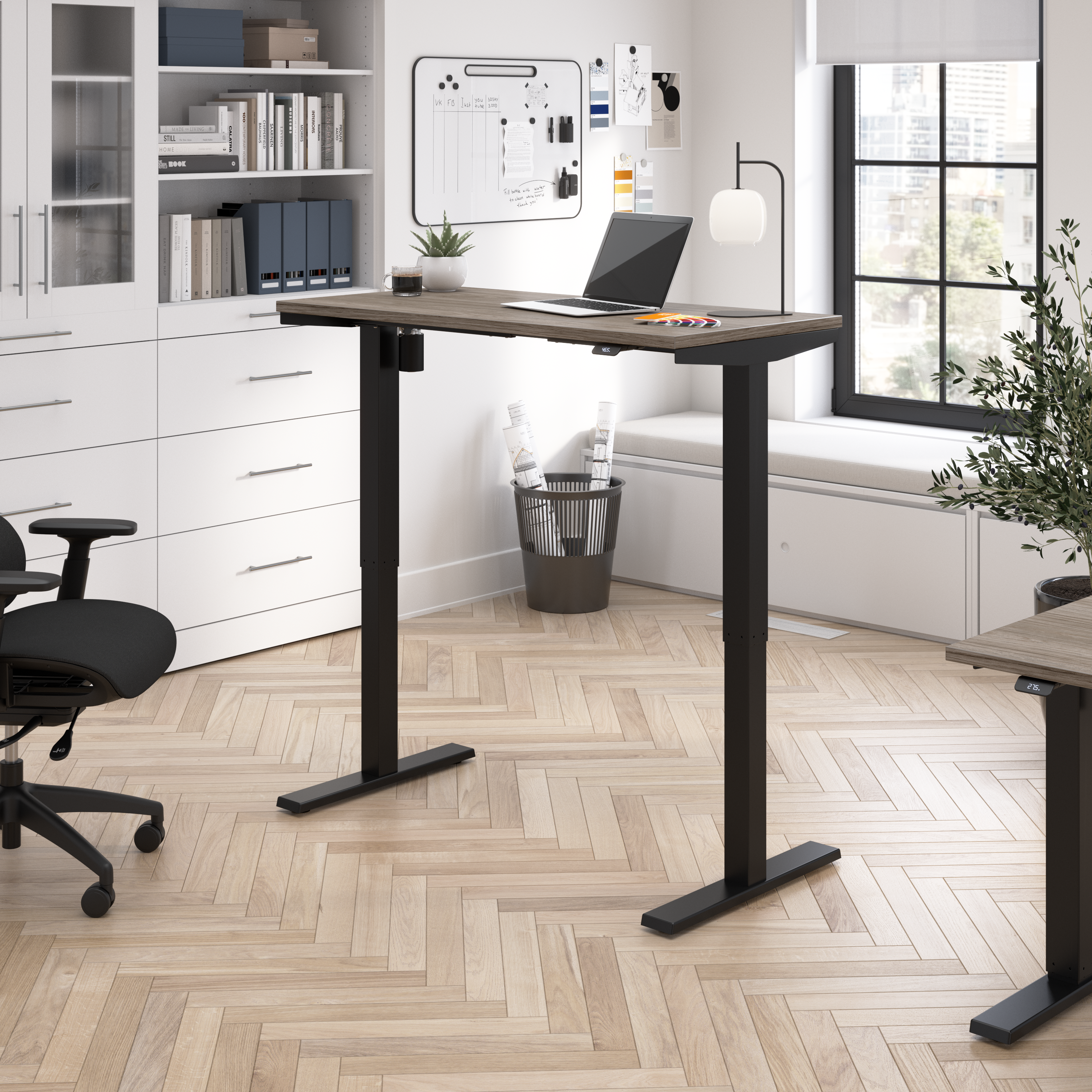 Shop Bush Business Furniture Move 40 Series 48W x 24D Electric Height Adjustable Standing Desk 01 M4S4824MHBK #color_modern hickory/black powder coat