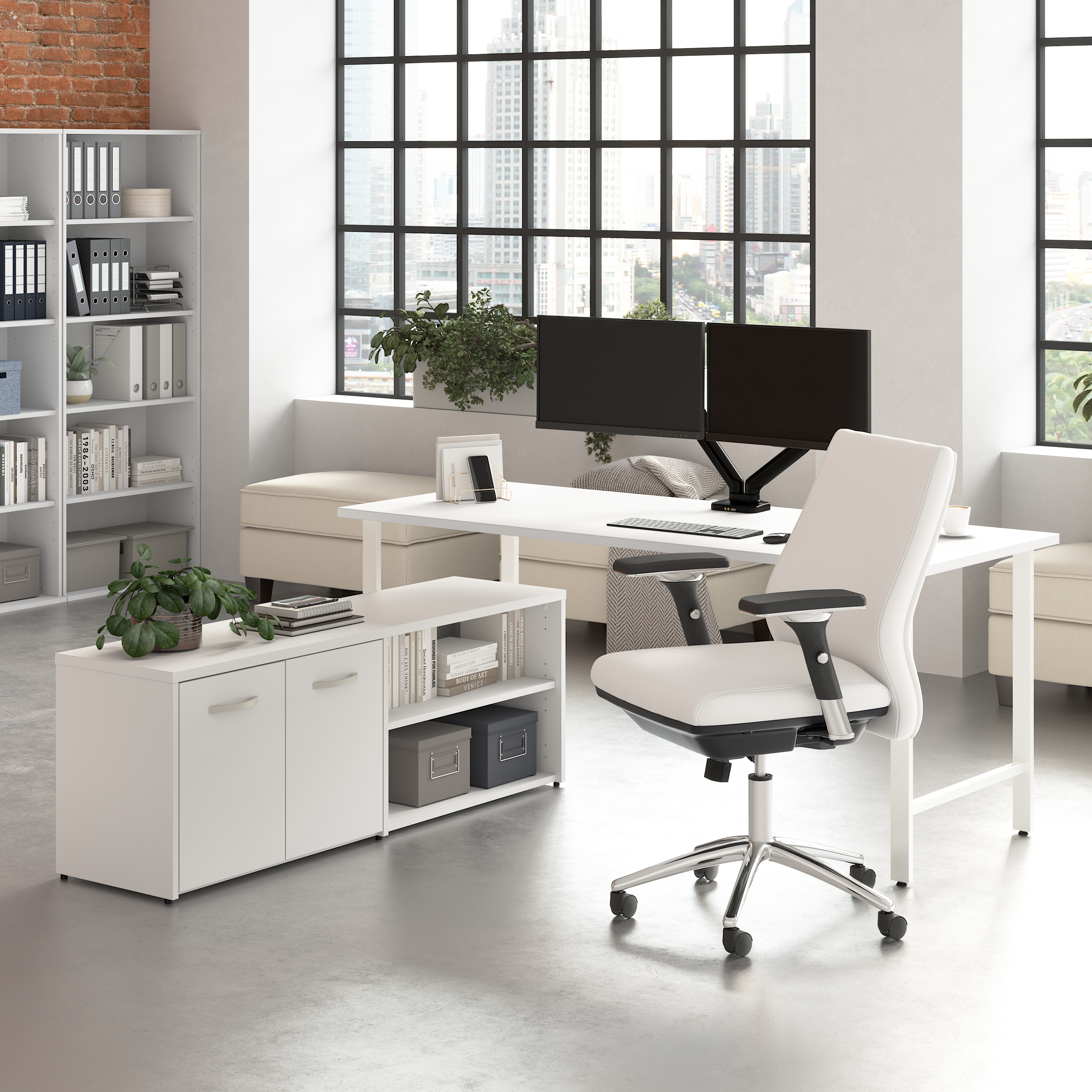 Shop Bush Business Furniture Hustle 72W x 30D Computer Desk and Low Storage Cabinet with Doors and Shelves 01 HUS012WH #color_white