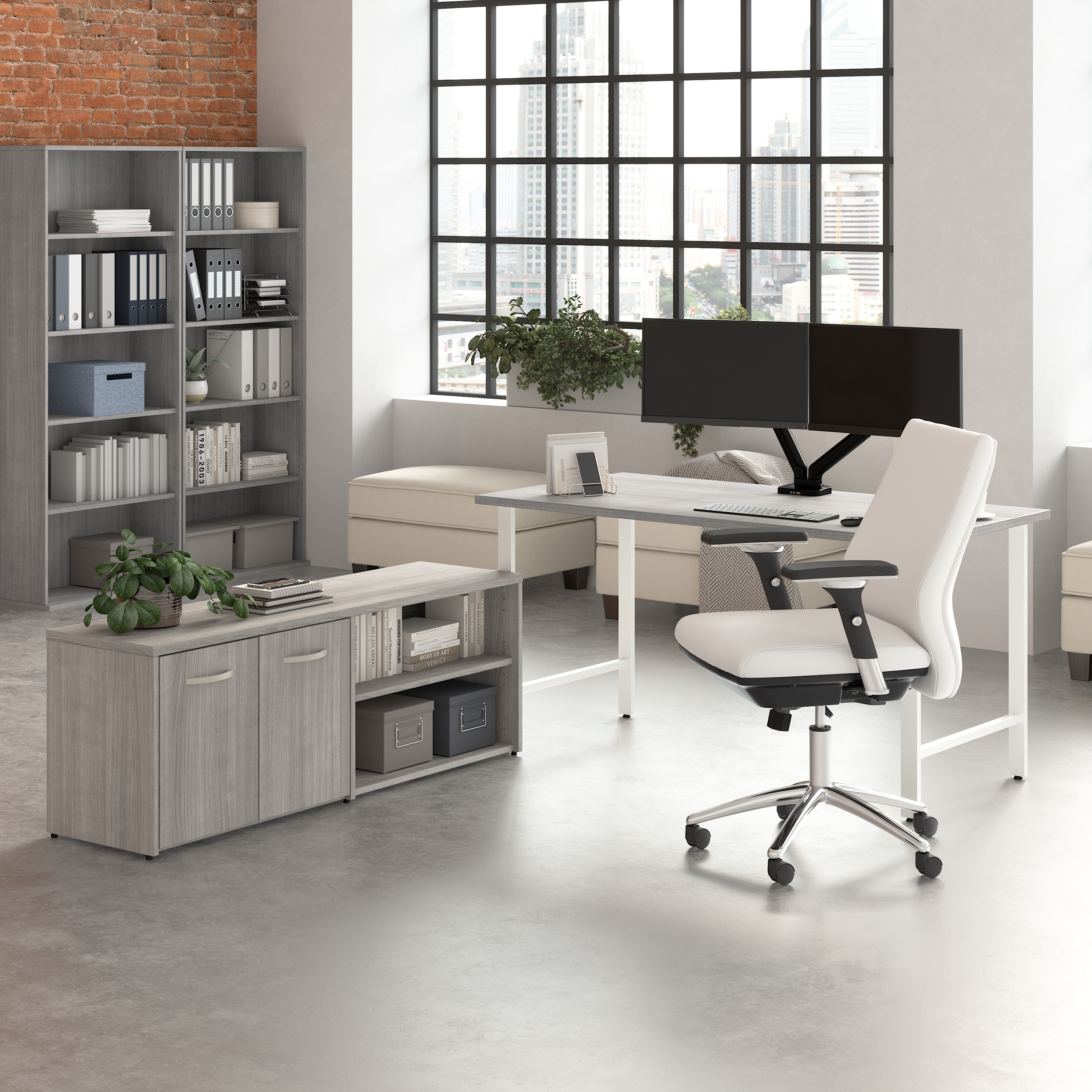 Shop Bush Business Furniture Hustle 60W x 30D Computer Desk and Low Storage Cabinet with Doors and Shelves 01 HUS011PG #color_platinum gray