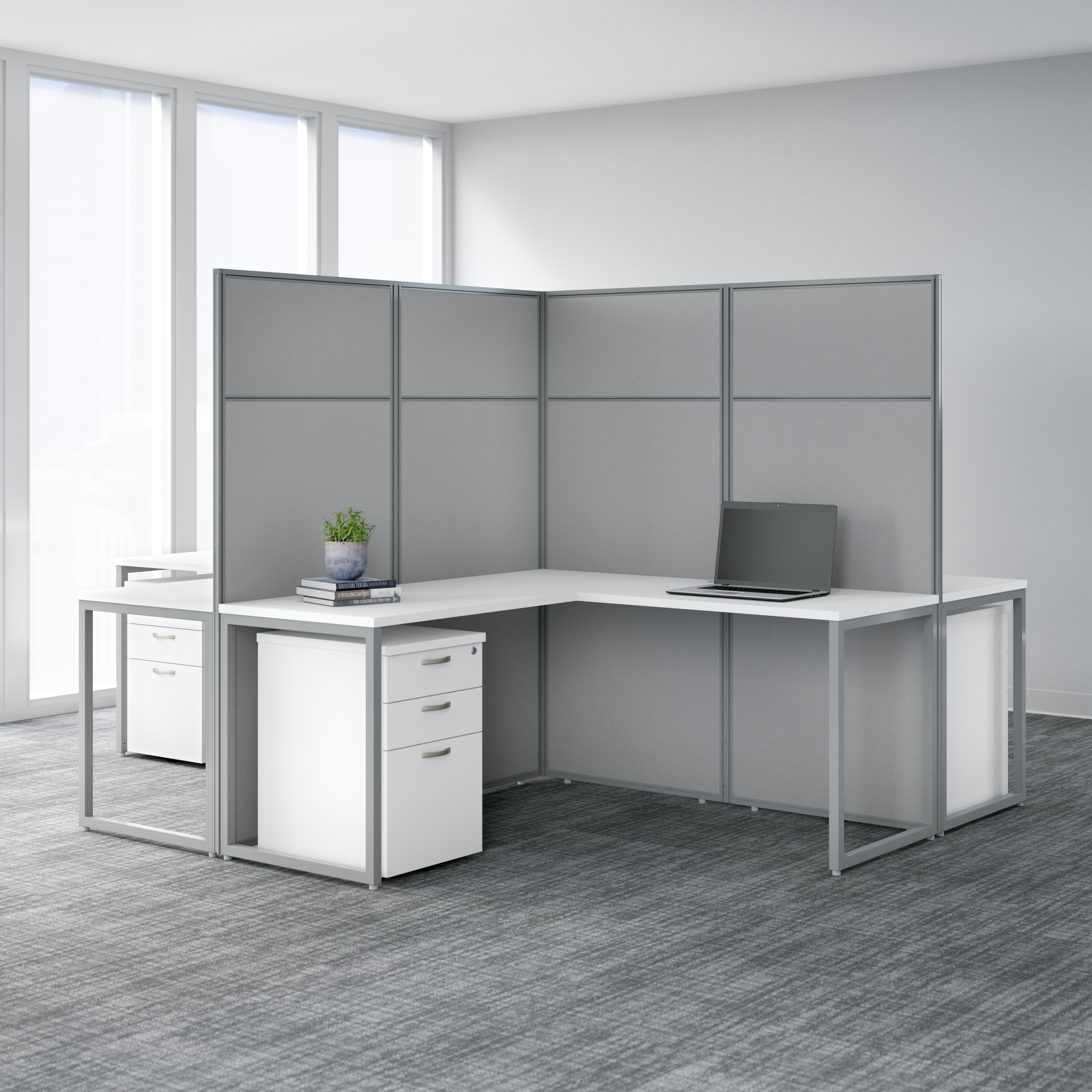 Shop Bush Business Furniture Easy Office 60W 4 Person L Shaped Cubicle Desk Workstation with 66H Panels 05 EODH760WH-03K #color_pure white/silver gray fabric