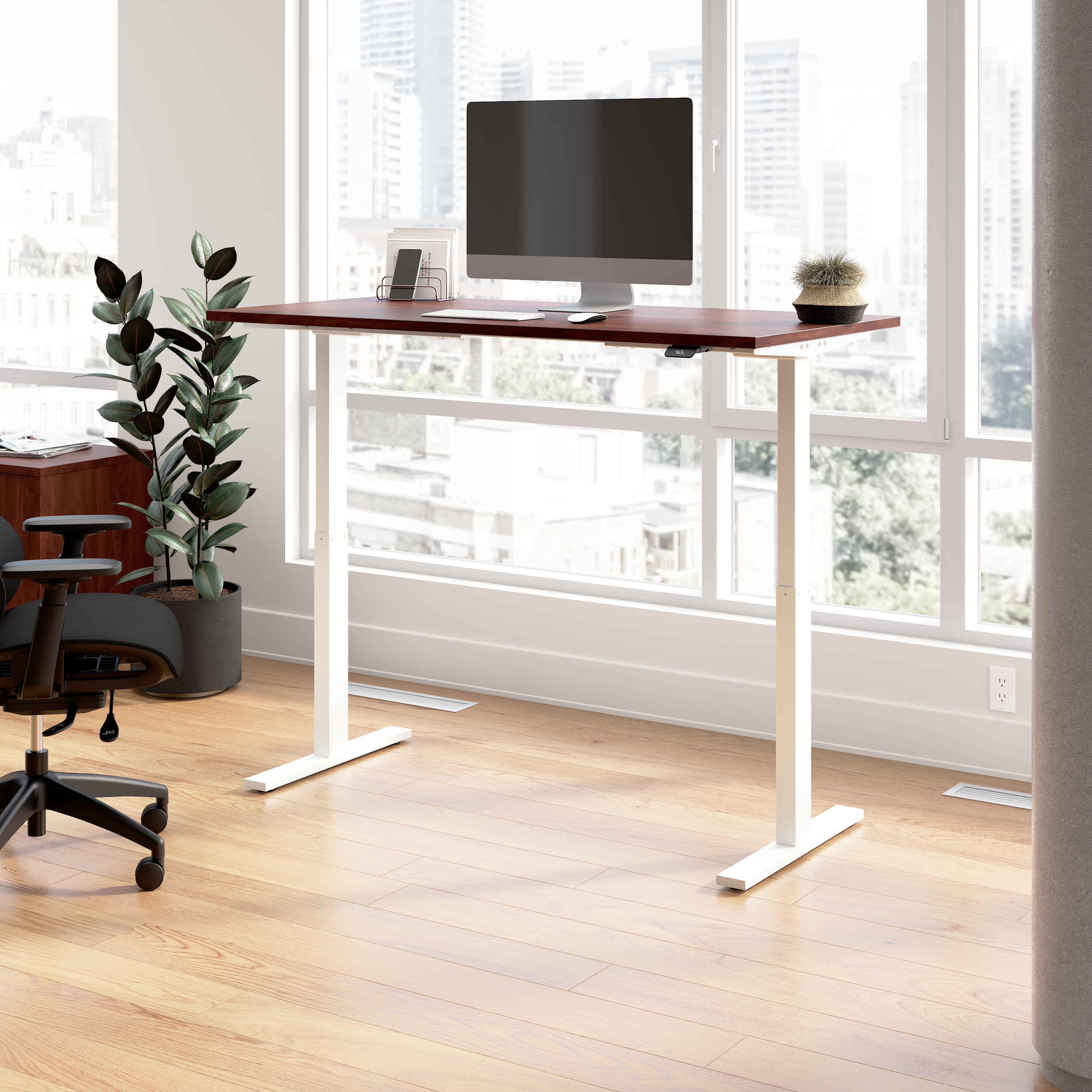 Shop Bush Business Furniture Move 60 Series 60W x 30D Electric Height Adjustable Standing Desk 01 M6S6030HCWK #color_hansen cherry/white powder coat