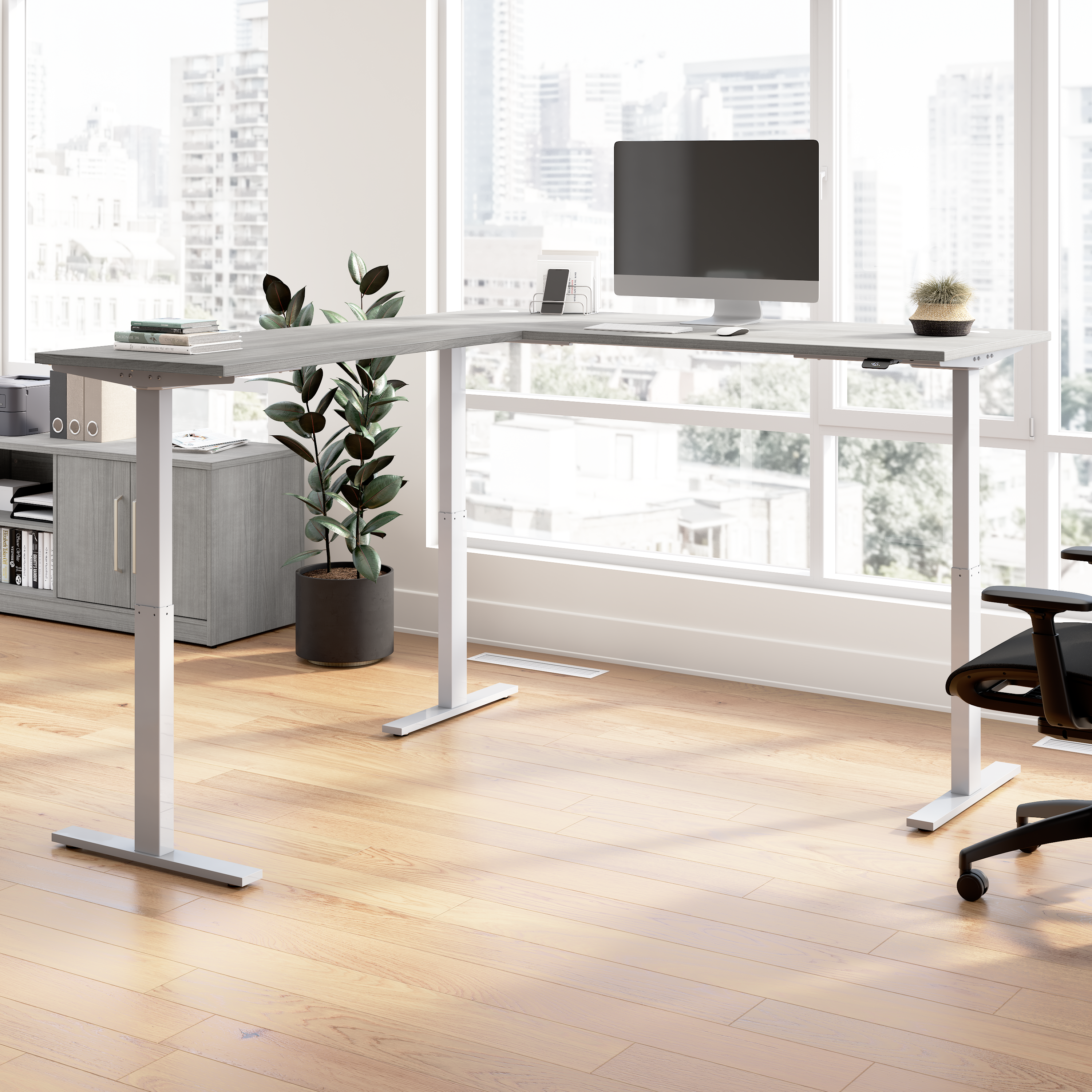 Shop Bush Business Furniture Move 60 Series 72W Height Adjustable L Shaped Standing Desk 01 M6SL7278PGSK #color_platinum gray/cool gray metallic