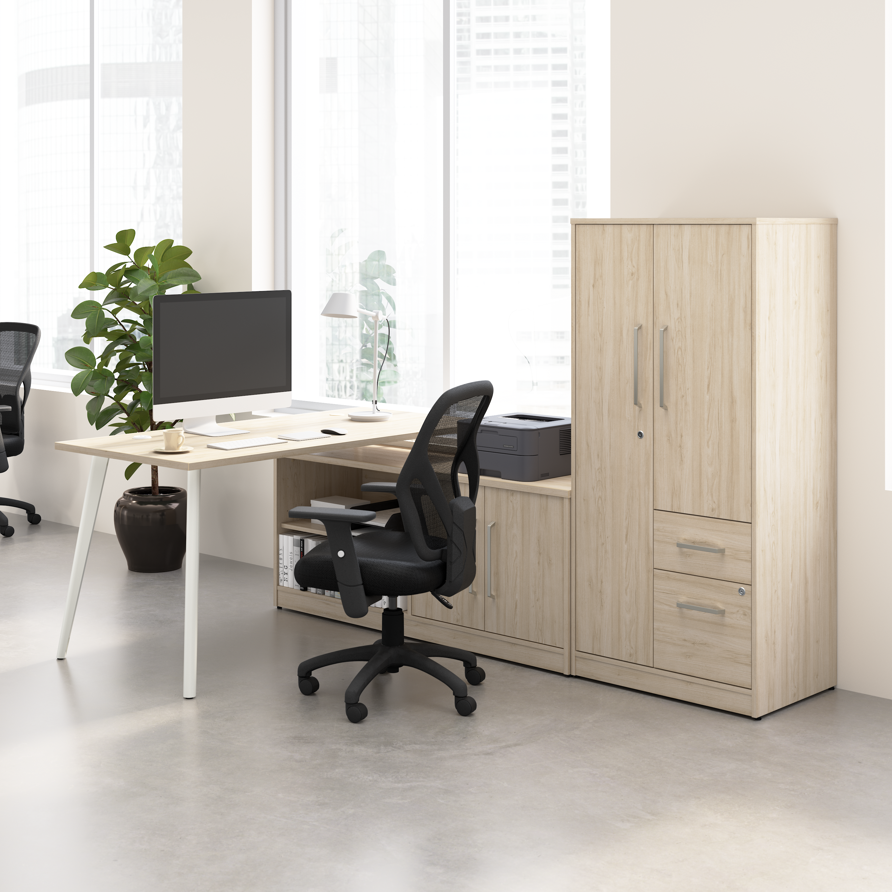 Shop Bush Business Furniture Vista 60W L Shaped Desk with Metal Legs, Low Storage Cabinet, and Wardrobe 01 VST010NE #color_natural elm