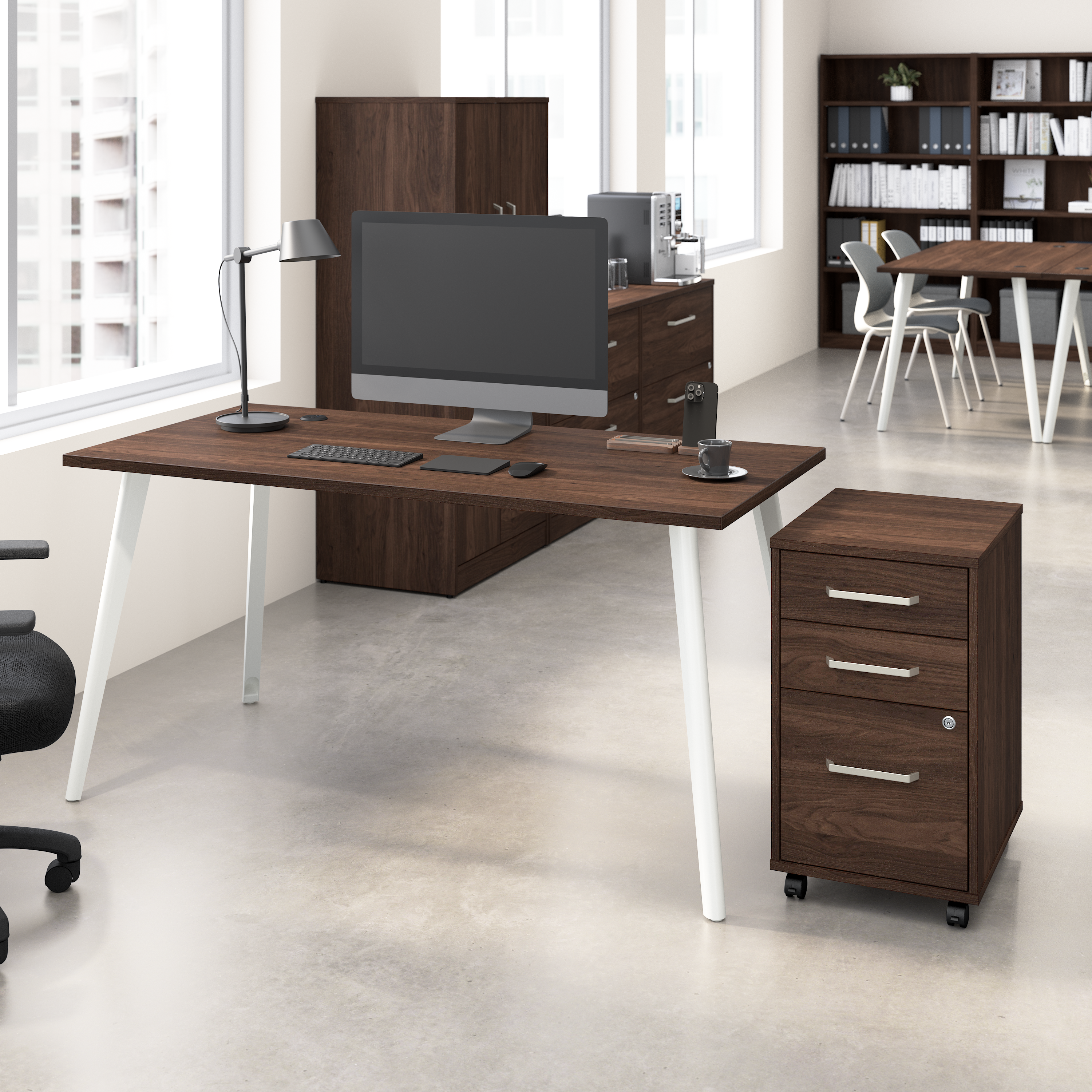 Shop Bush Business Furniture Vista 60W Desk with Splayed Metal Legs and 3 Drawer Mobile File Cabinet 01 VST002BWSU #color_black walnut