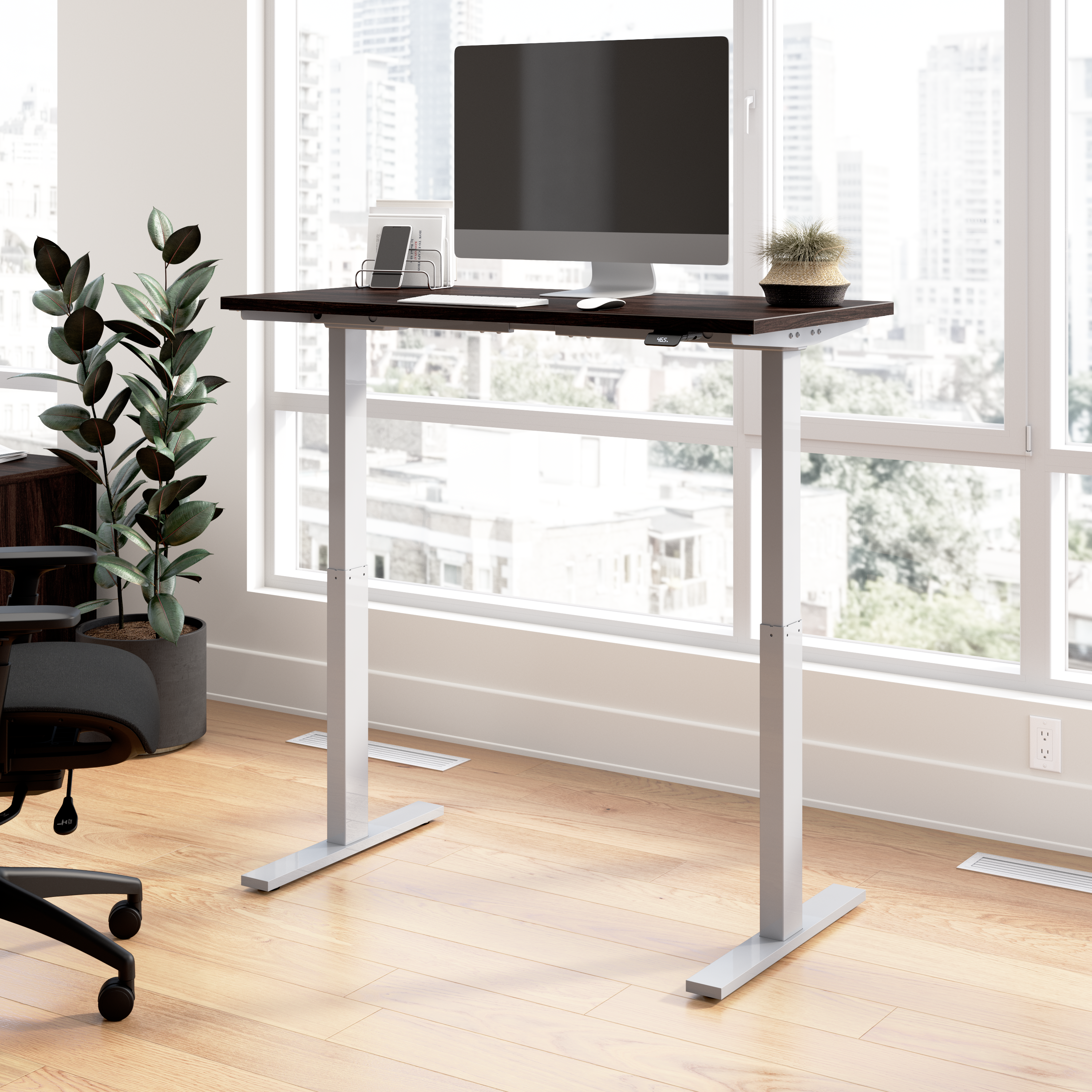 Shop Bush Business Furniture Move 60 Series 48W x 24D Electric Height Adjustable Standing Desk 01 M6S4824BWSK #color_black walnut/cool gray metallic