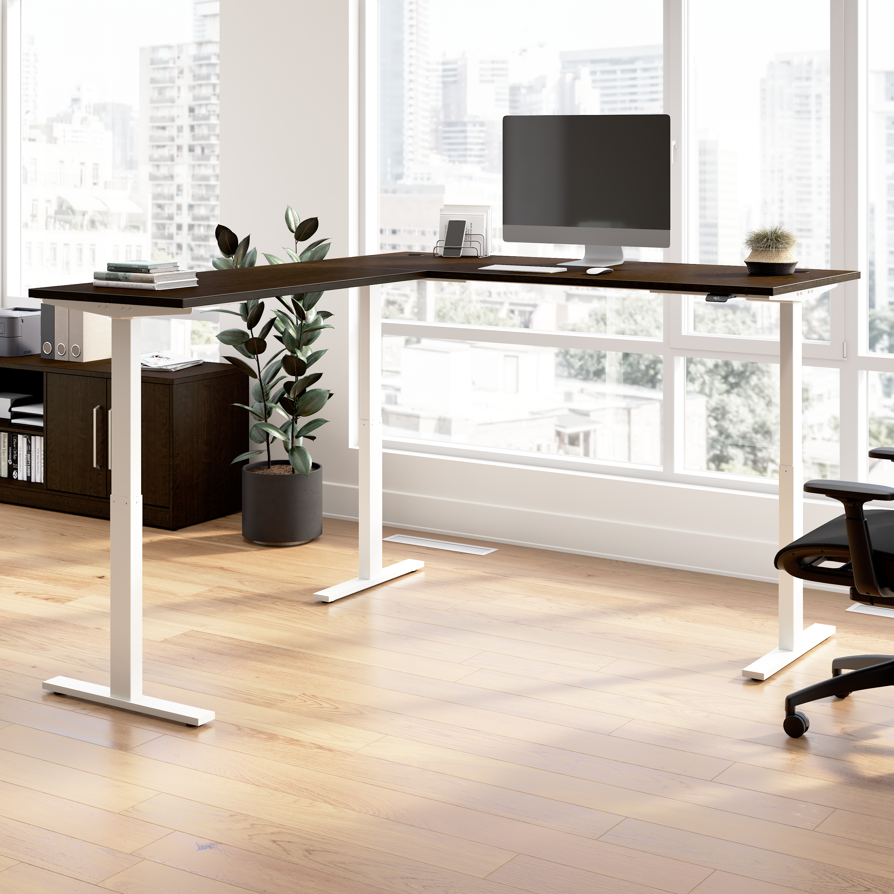 Shop Bush Business Furniture Move 60 Series 72W Height Adjustable L Shaped Standing Desk 01 M6SL7278MRWK #color_mocha cherry/white powder coat