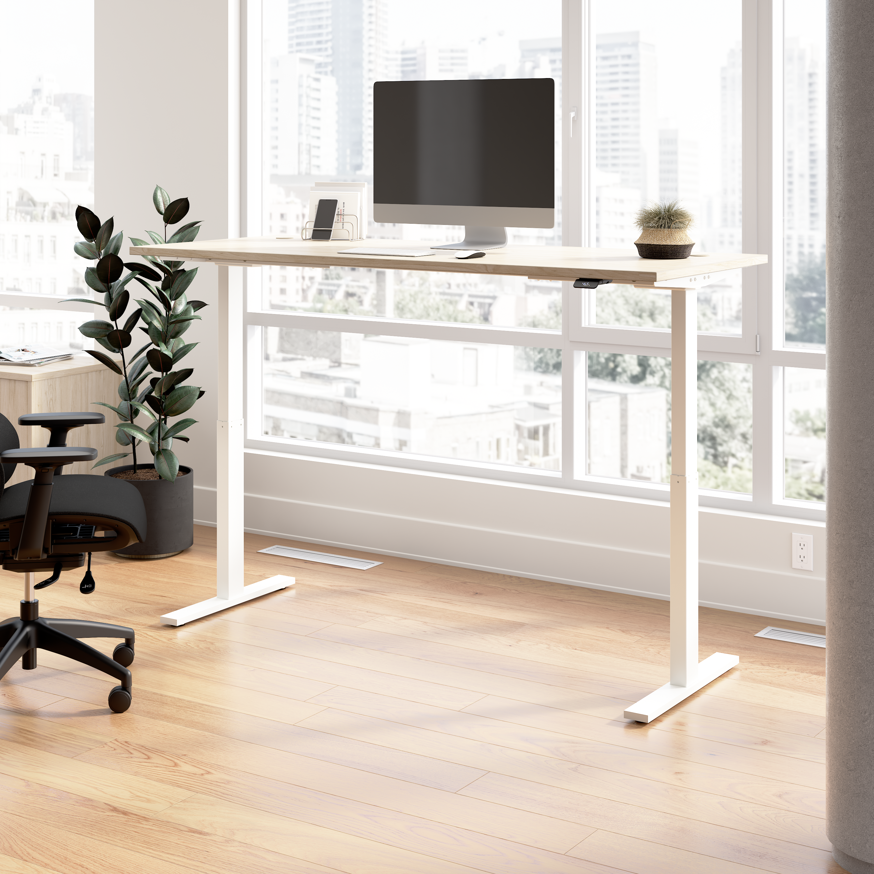 Shop Bush Business Furniture Move 60 Series 72W x 30D Electric Height Adjustable Standing Desk 01 M6S7230NEWK #color_natural elm/white powder coat